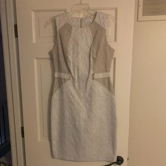 Calvin Klein | Dresses | Calvin Klein Tan White Sleeveless Jacquard Sheath Dress With Gold Logo Hardware | Poshmark Calvin Klein | Dresses | Calvin Klein Tan White Sleeveless Jacquard Sheath Dress With Gold Logo Hardware | Poshmark